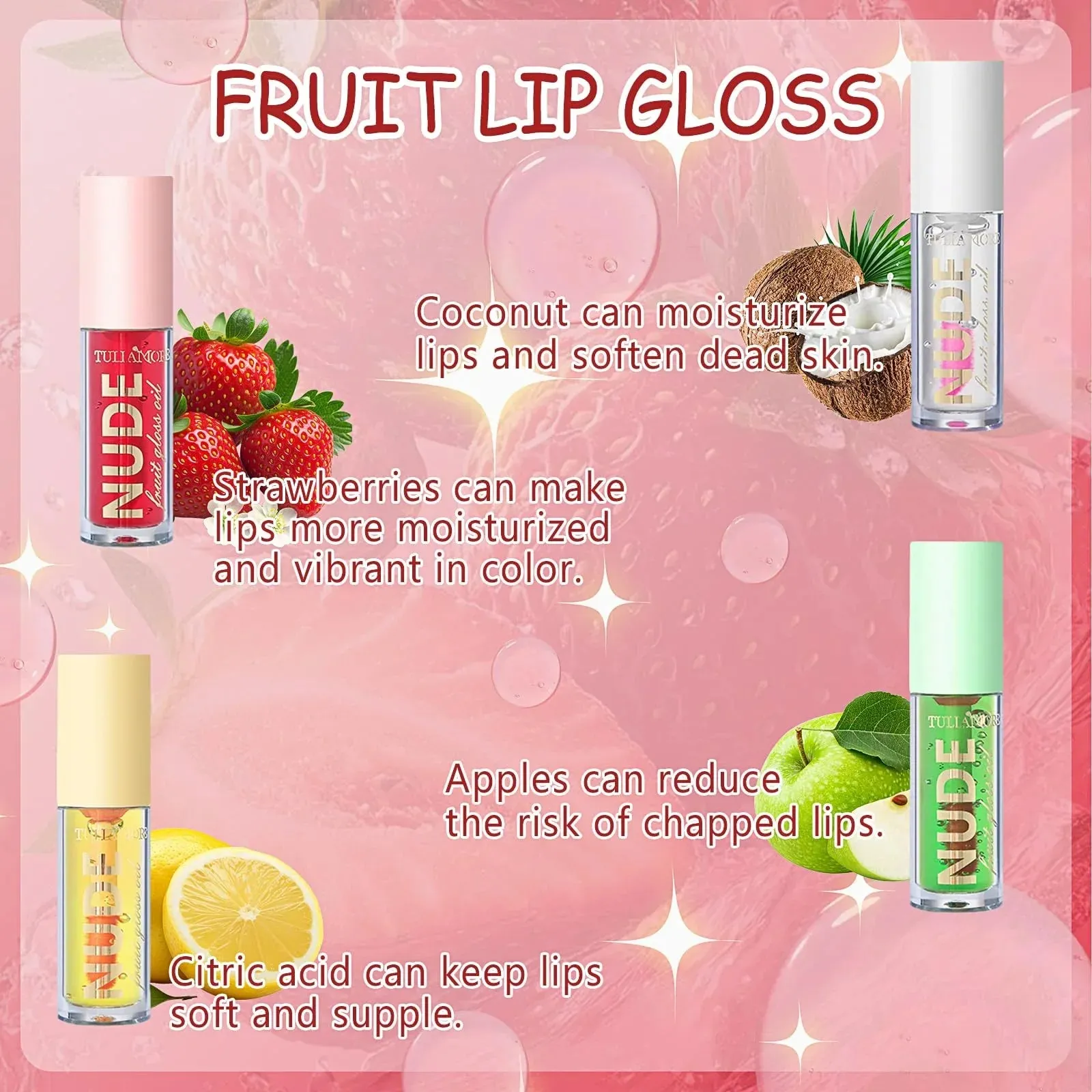 4Pcs Fruit Color Changing Lip Gloss Lipstick Set, Coconut Strawberry Orange Apple