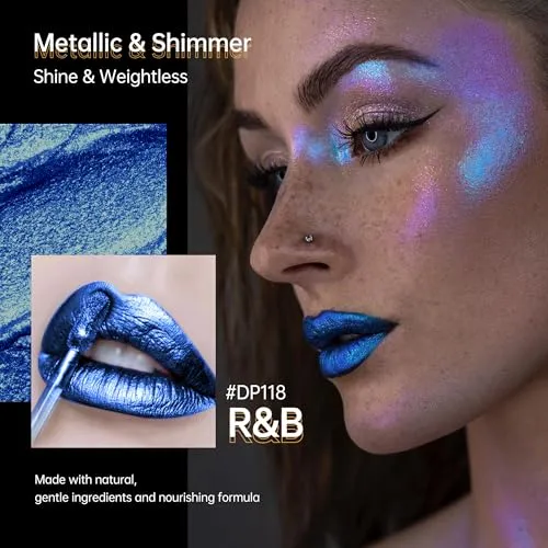 Blue Lipsticks for Women Metallic Glitter Long Lasting Lipstick