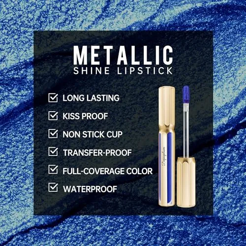 Blue Lipsticks for Women Metallic Glitter Long Lasting Lipstick