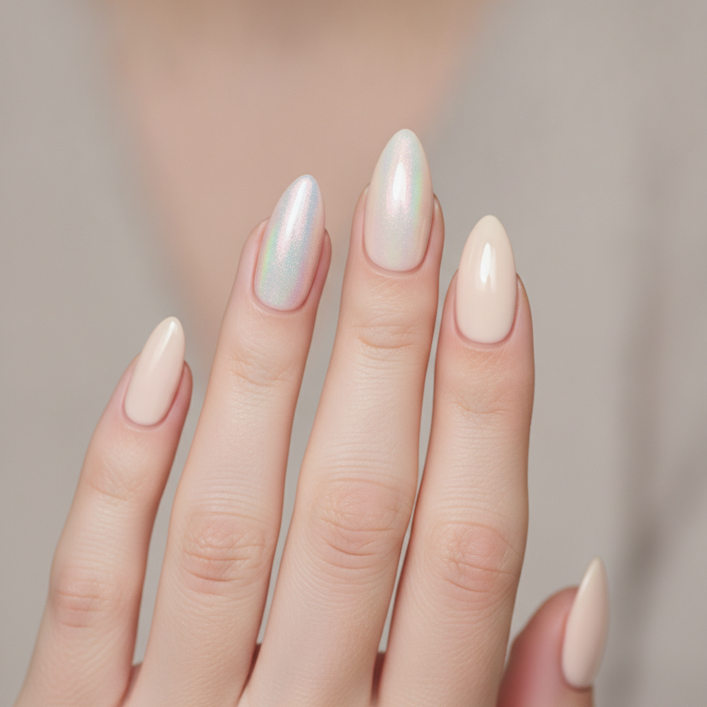 Cream nails with aurora accent nails