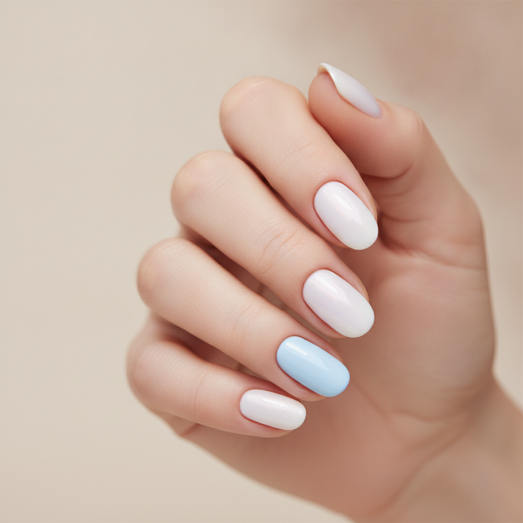 White manicure with baby-blue accents