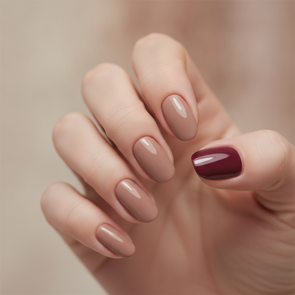 Nude nails with burgundy accents