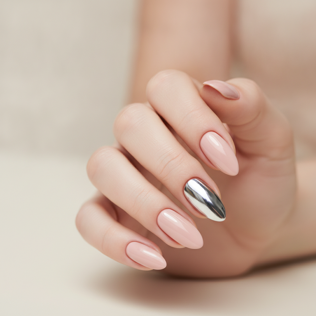 Nude nails with one chrome accent