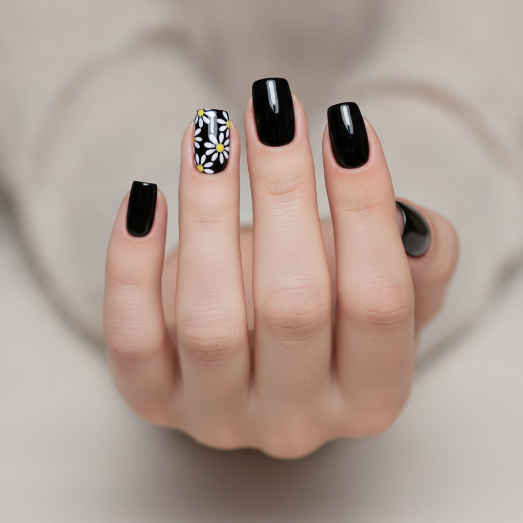 Black base with daisy accent nails