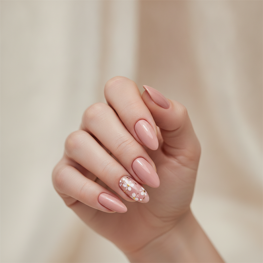 Nude manicure with floral accent nails