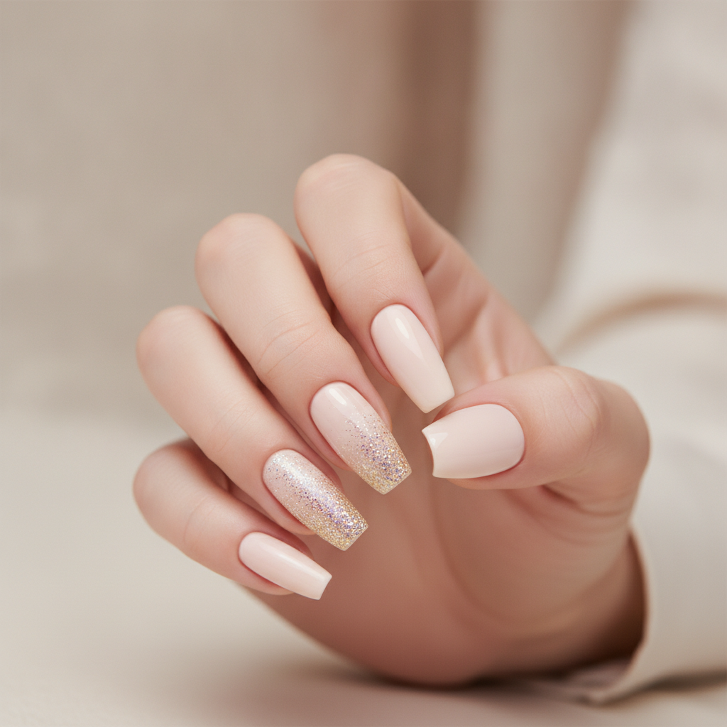 Cream nails with glitter-tip accents