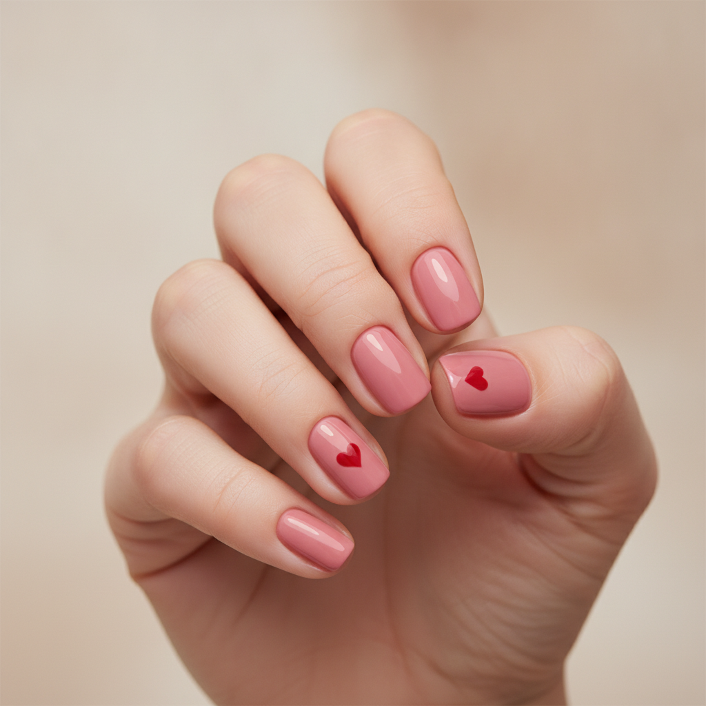 Pink manicure with heart accent nails