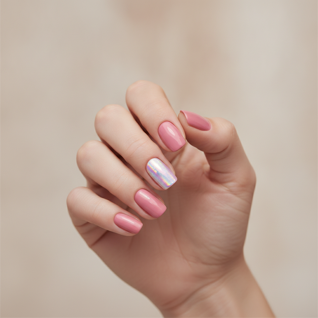 Soft pink with holographic accent nails