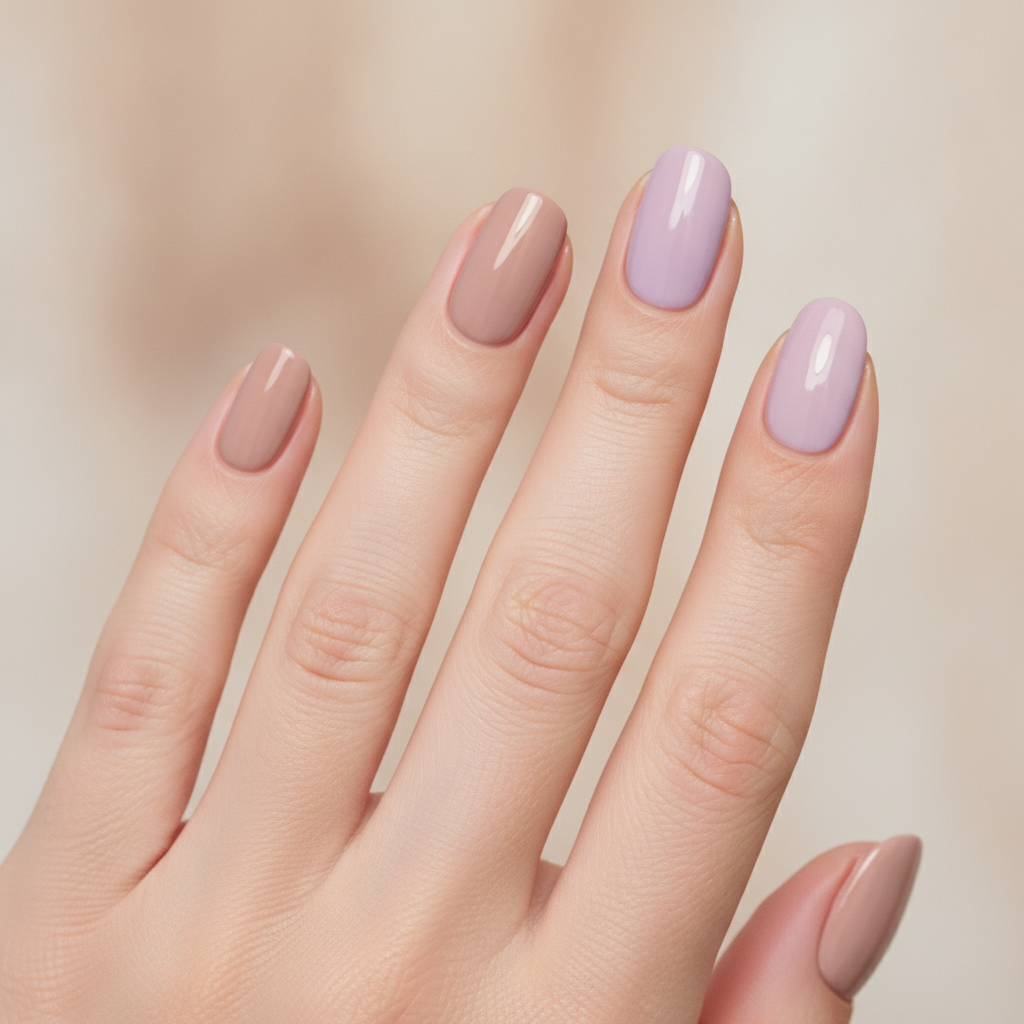 Nude manicure with lilac accents