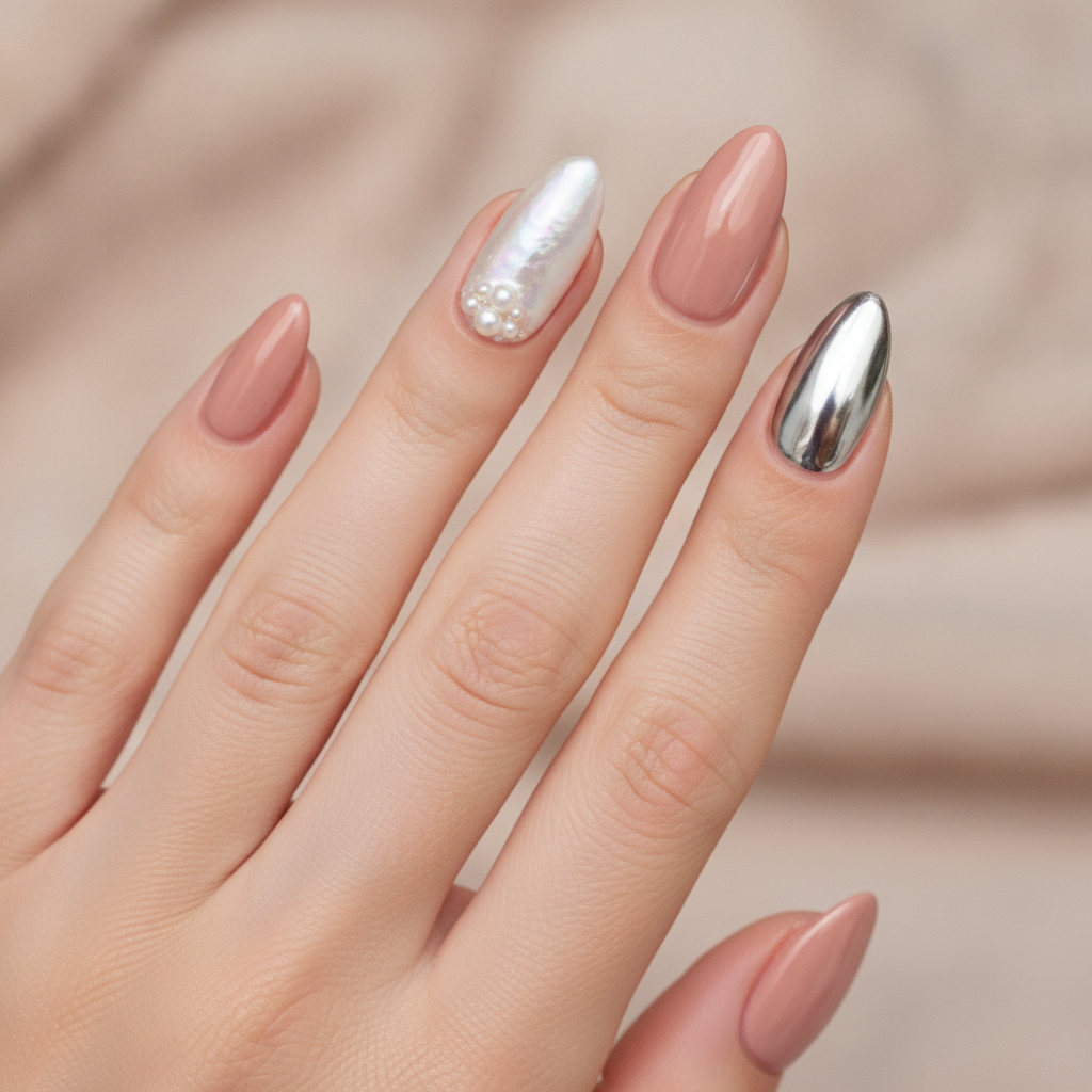 Nude set with pearl and chrome accents