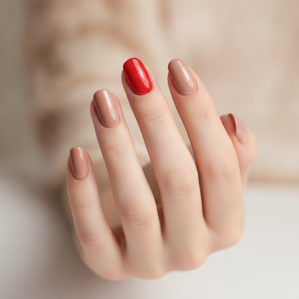 Neutral manicure with one red accent