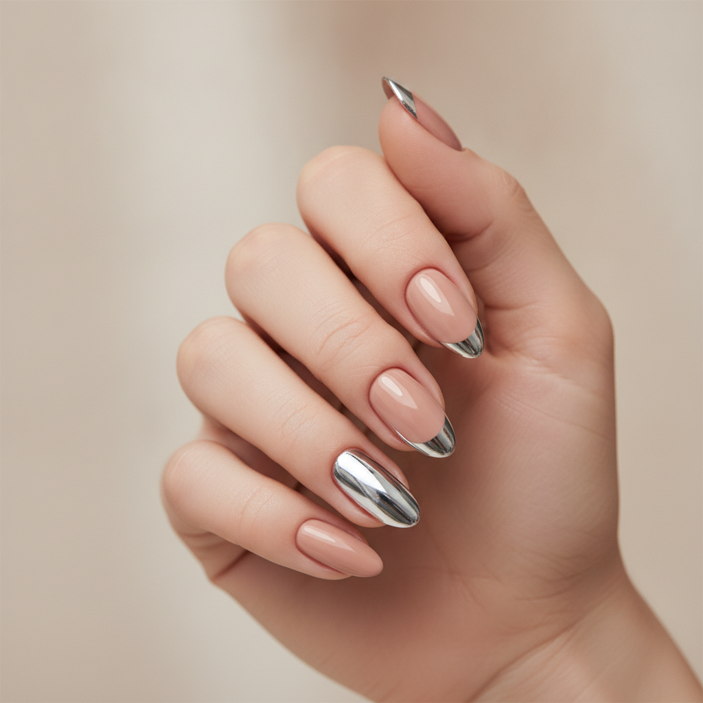 Nude nails with silver chrome tip accents