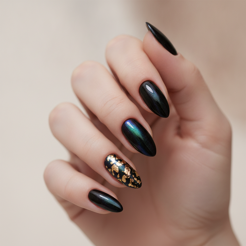 Aurora sheen over black with gold accents