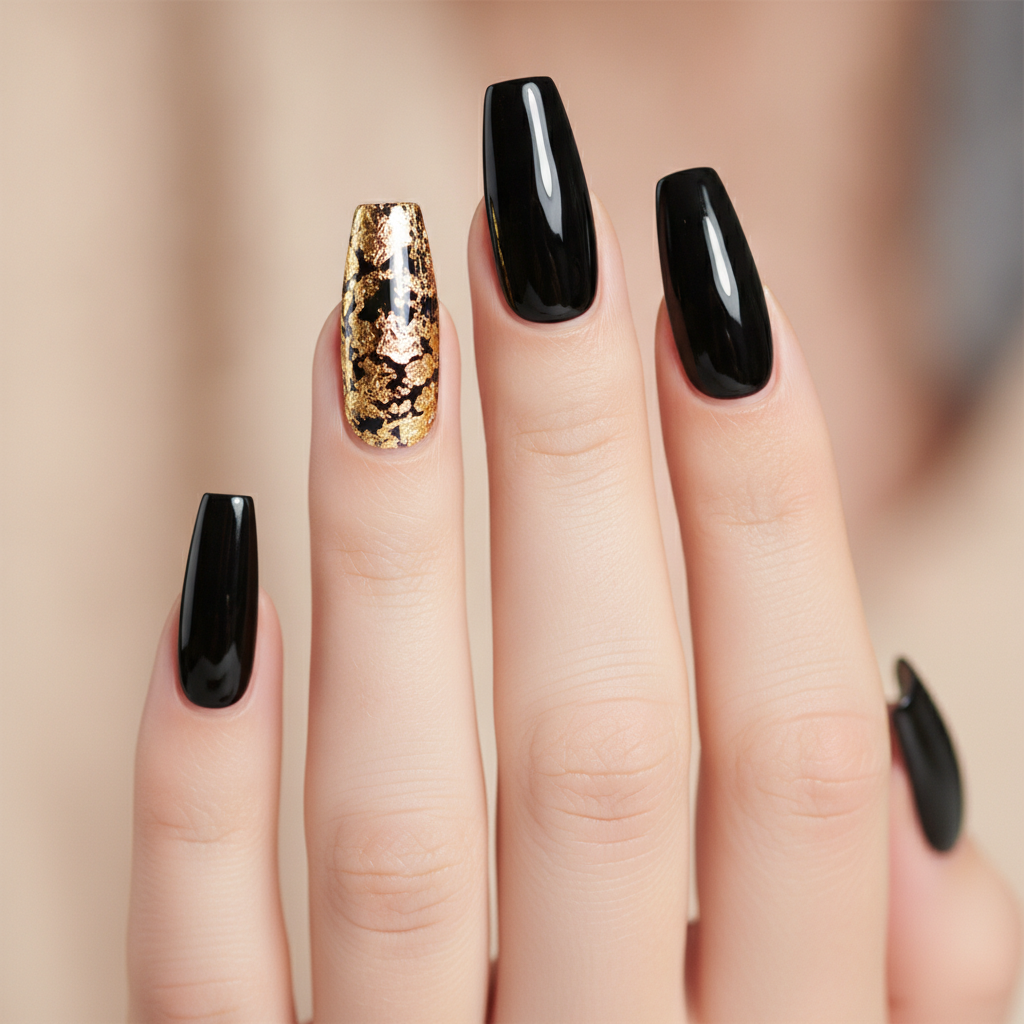 Glossy black with gold foil accents
