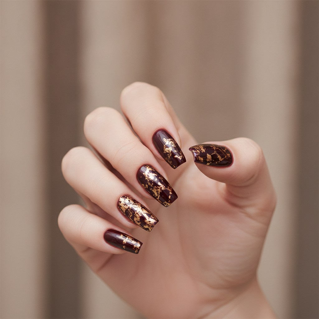 Near-black burgundy with gold foil