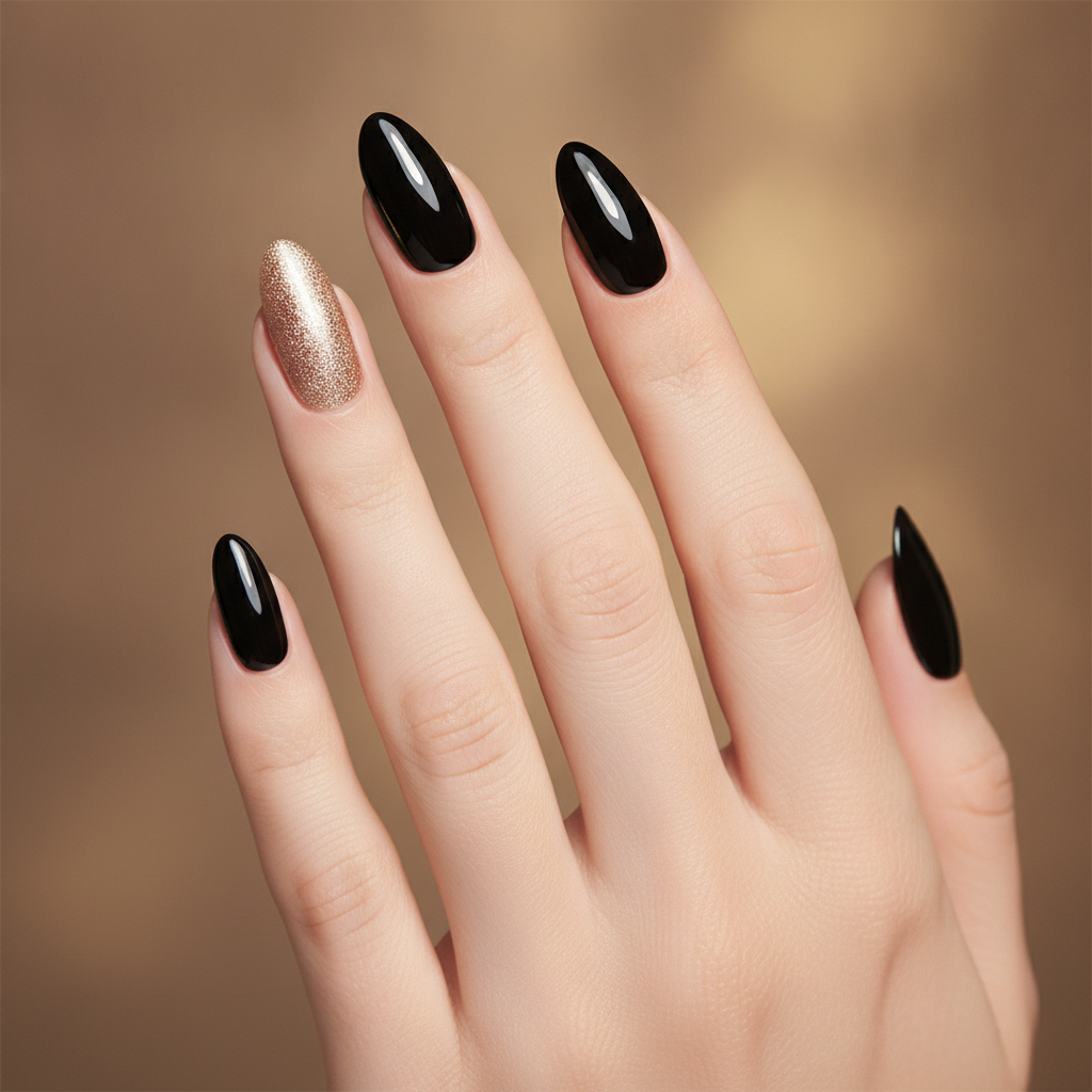 Black nails with champagne gold shift accents