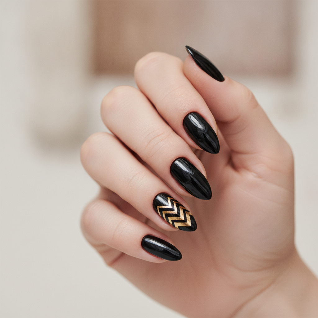 Black nails with gold chevron accents