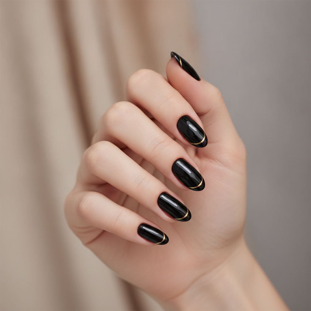 Black manicure with gold French tips