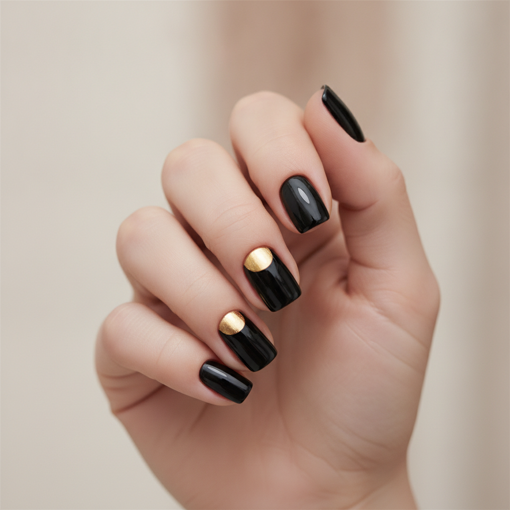 Black manicure with gold half-moon accents