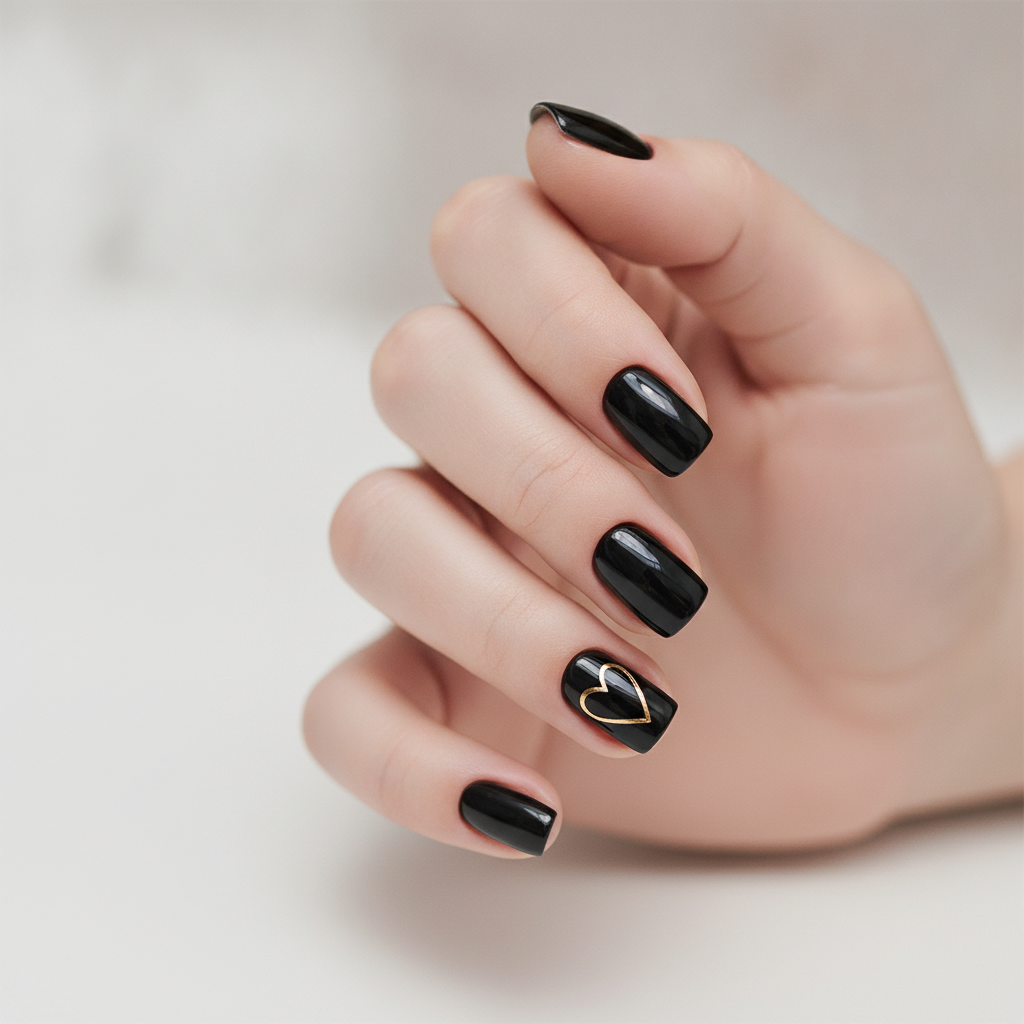 Black nails with gold heart outline accents