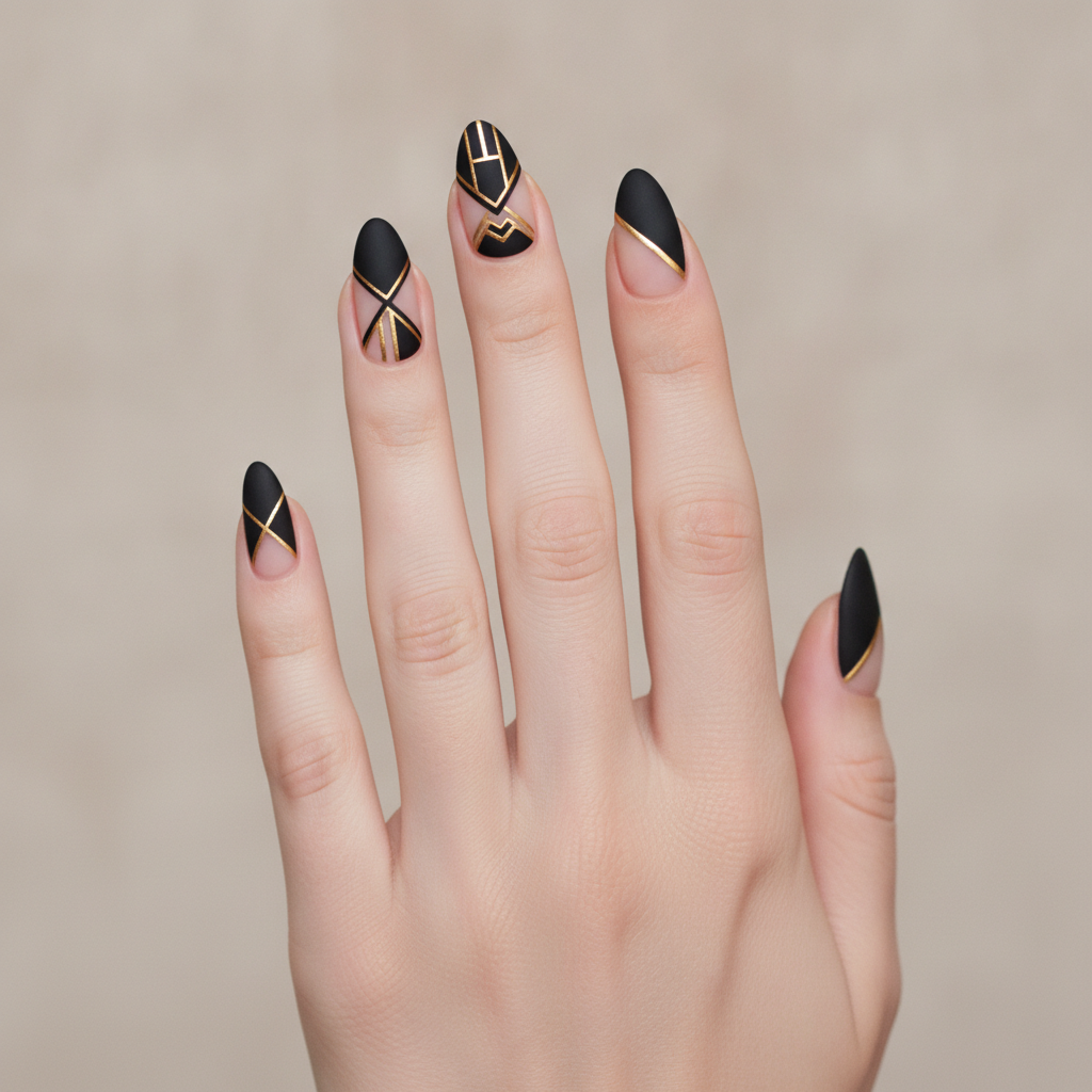 Negative-space black with gold geometric accents