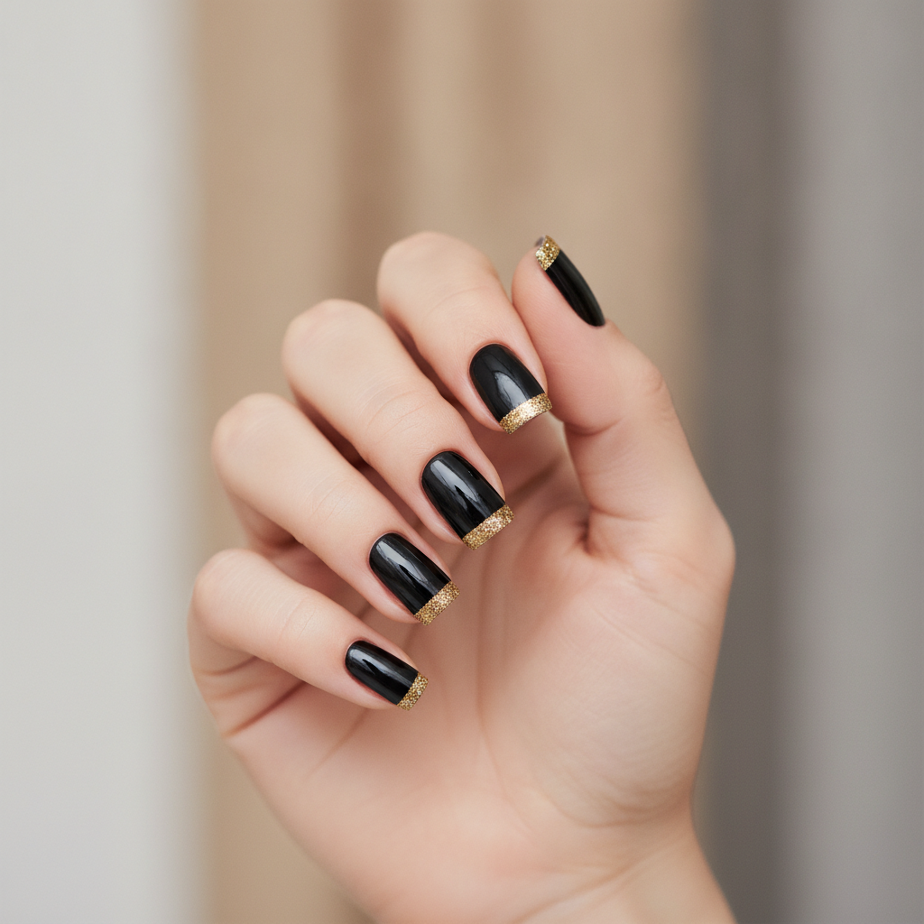 Short square black with gold glitter tips