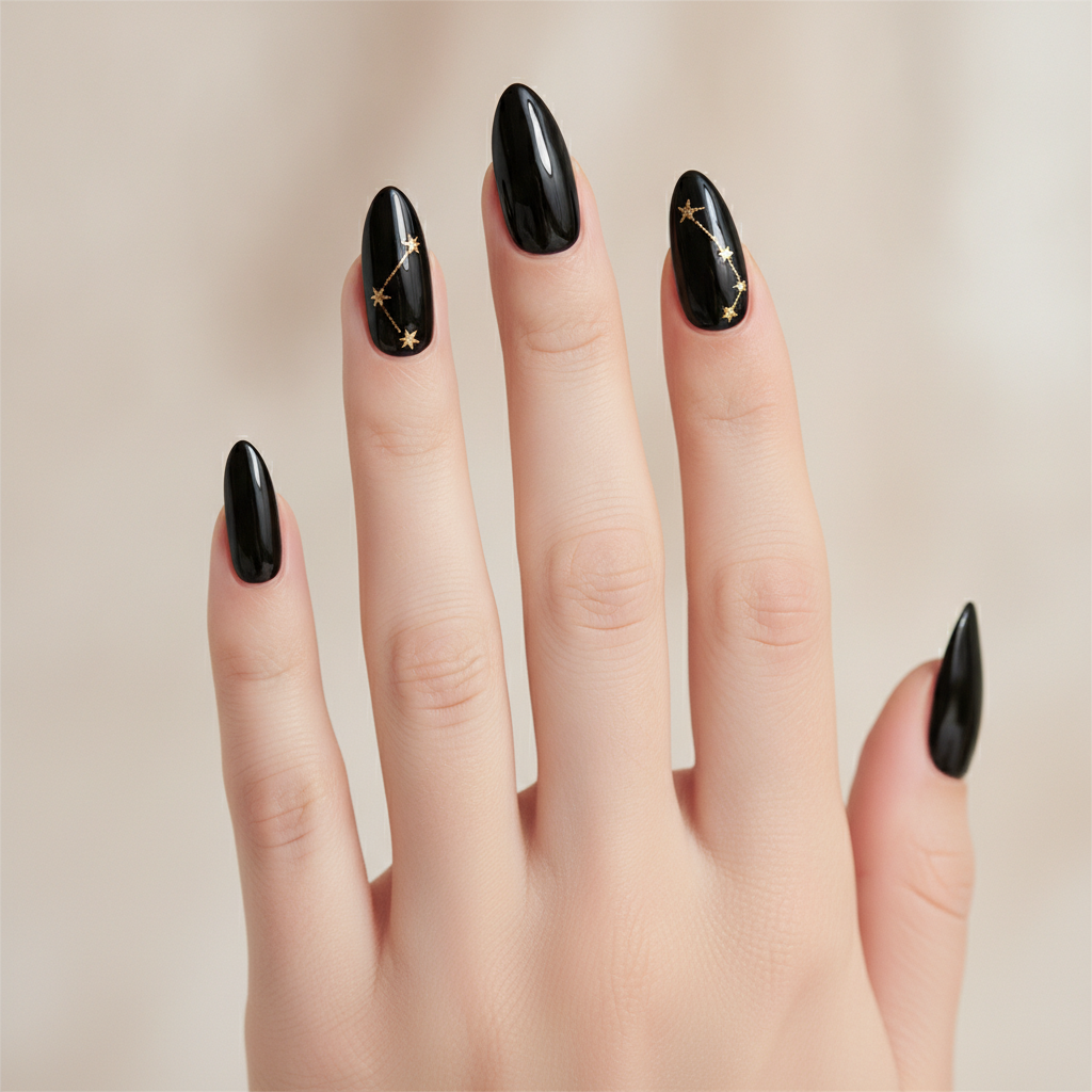 Black celestial with gold star accents