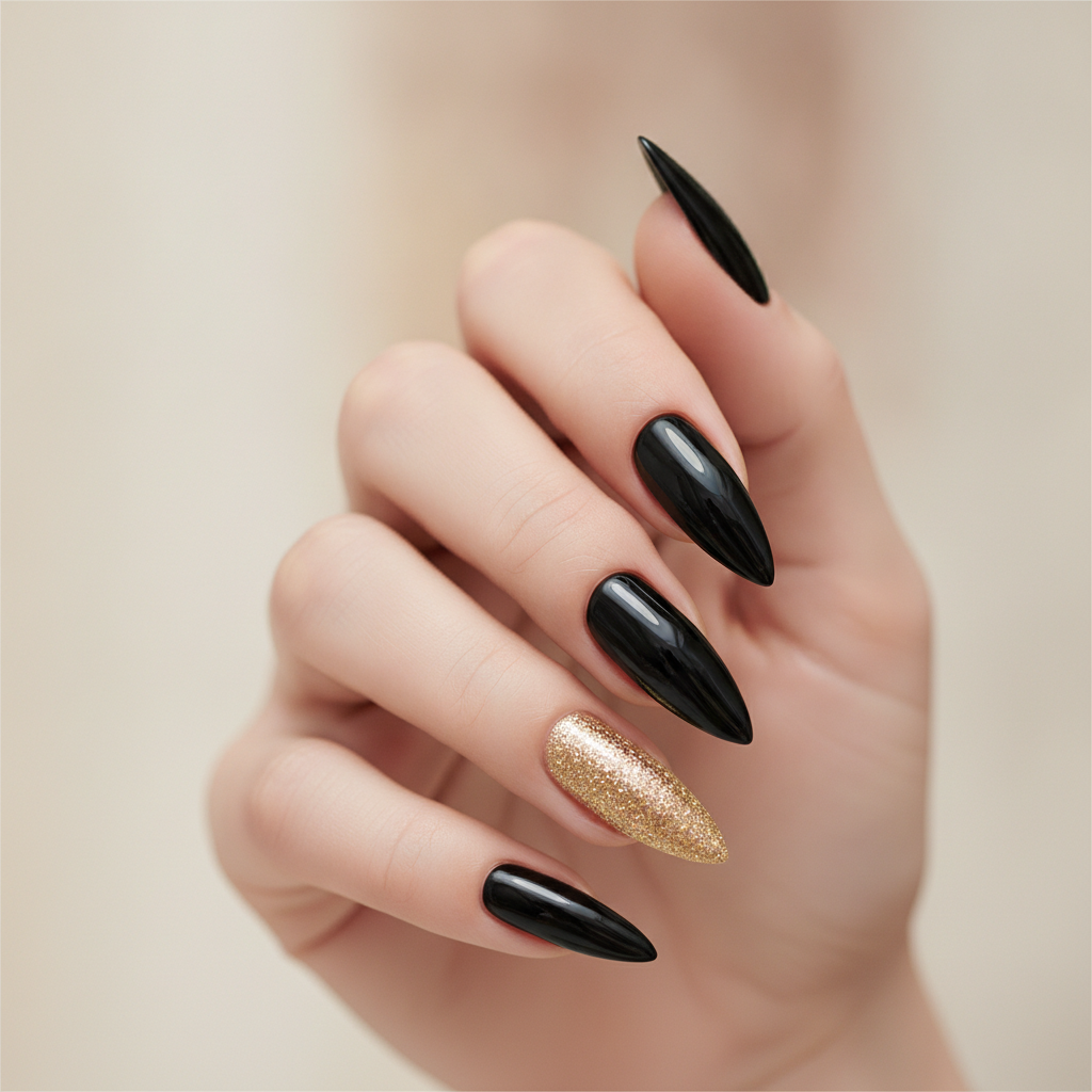 Long black stilettos with one gold accent