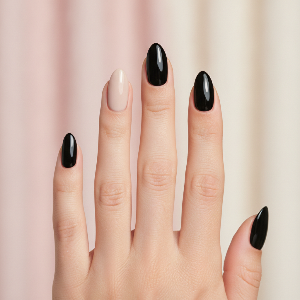 Black nails with one beige accent
