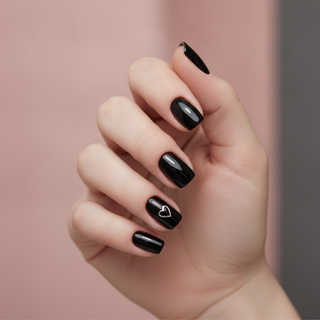 Black nails with heart accents