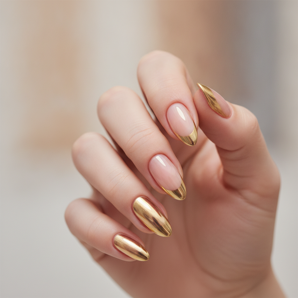 Nude with gold chrome French tips