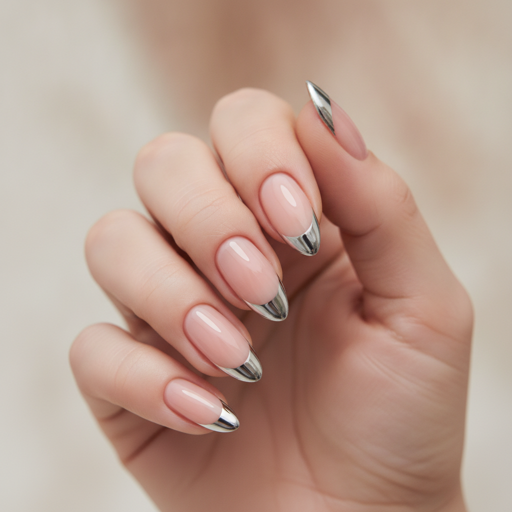Nude with silver chrome French tips