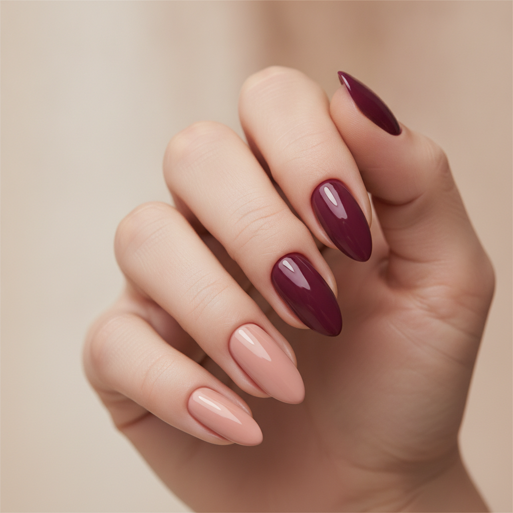Nude with burgundy accents