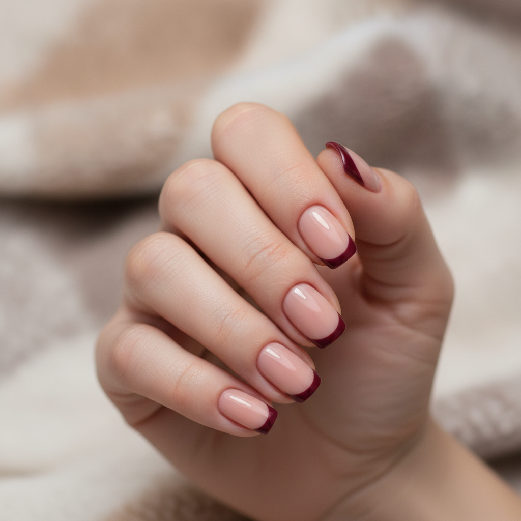 Nude with burgundy French tips