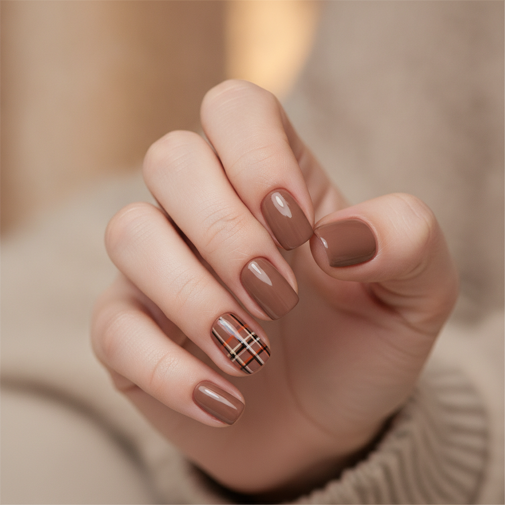 Mocha with plaid accent nails