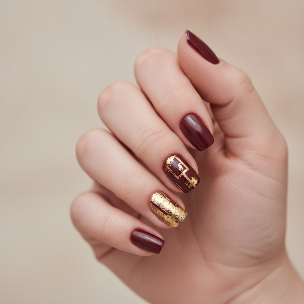 Burgundy with gold accent nails