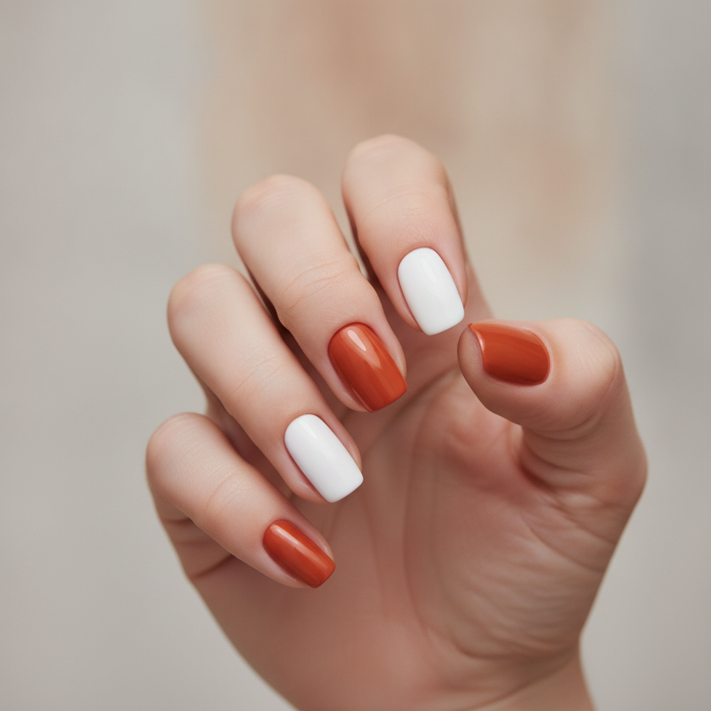 Burnt orange with white accent nails