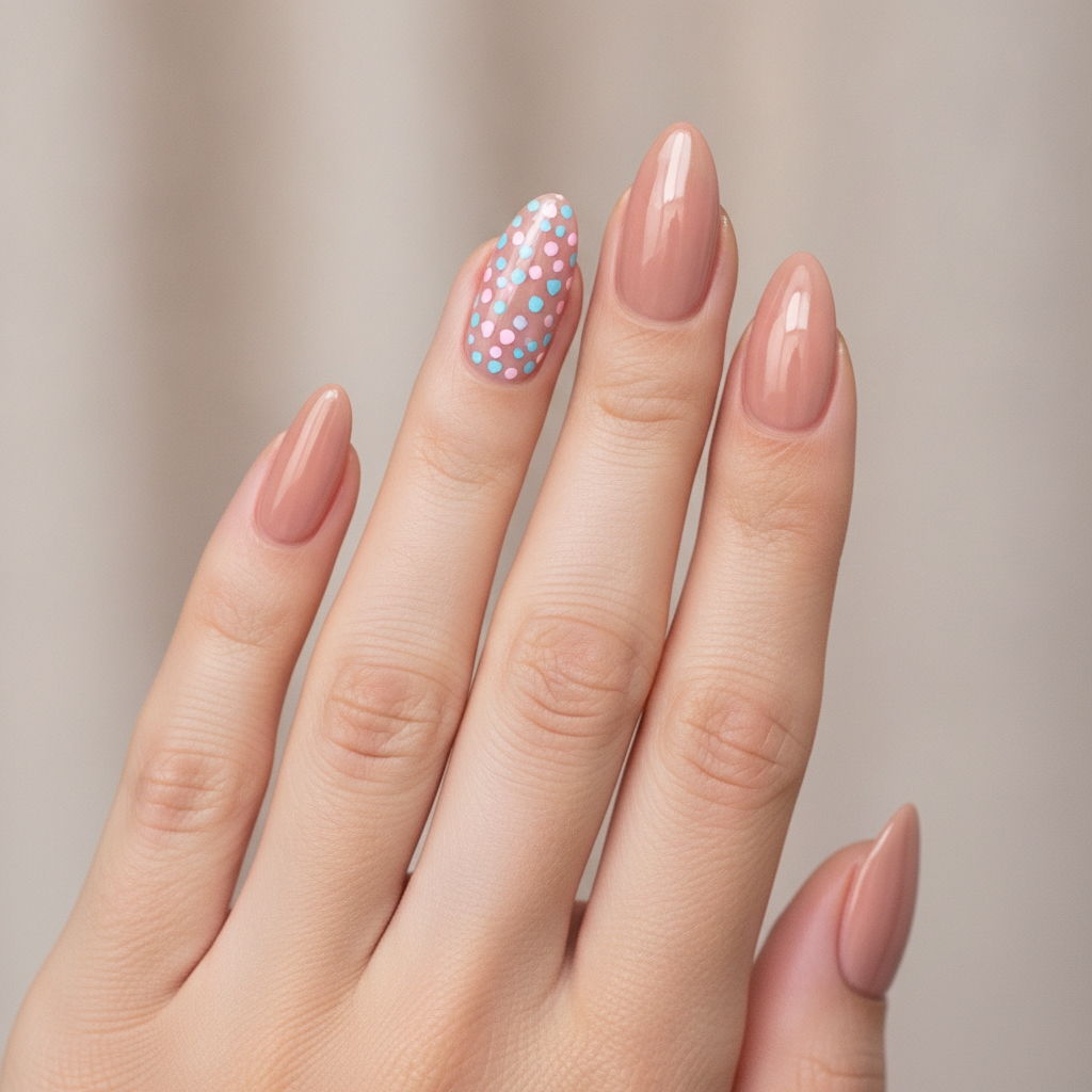 Nude base with pastel confetti accents