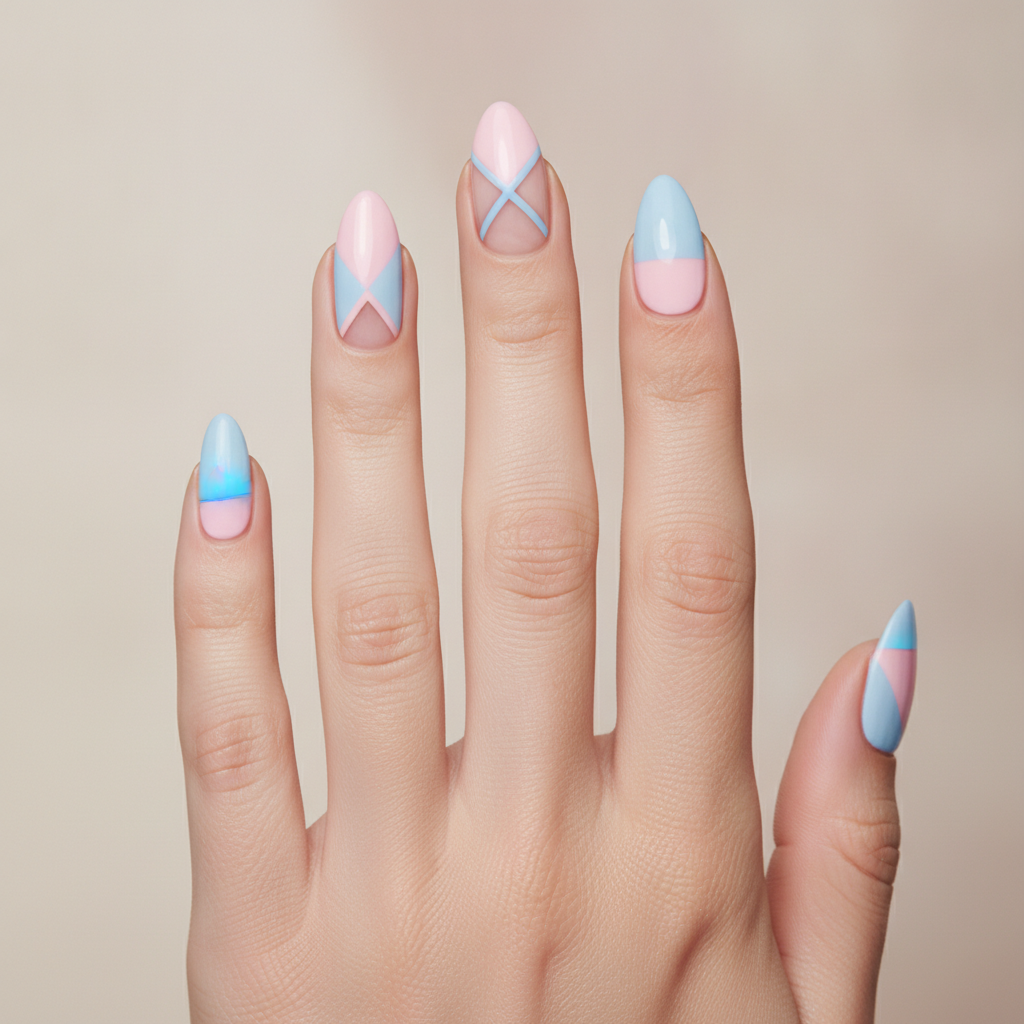 Negative-space pink and blue geometry
