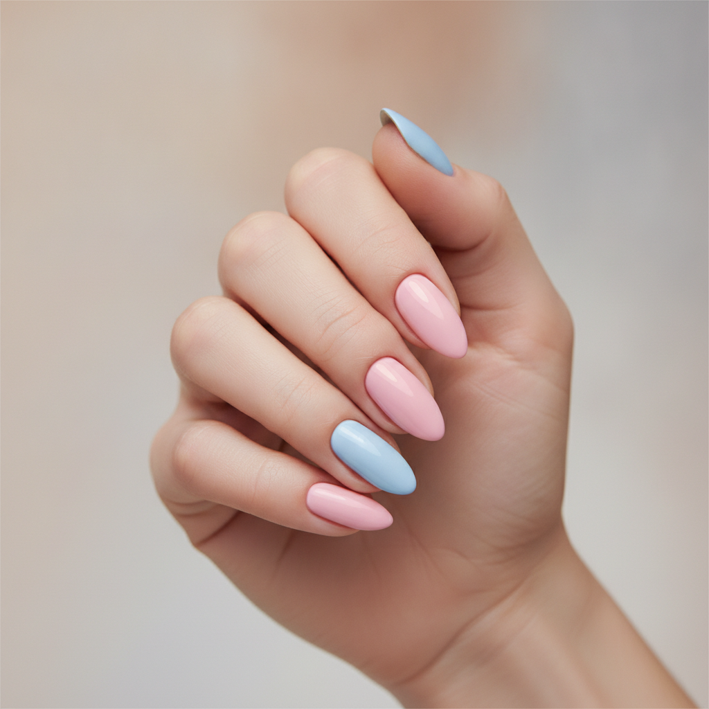 Pink-and-blue split accent manicure