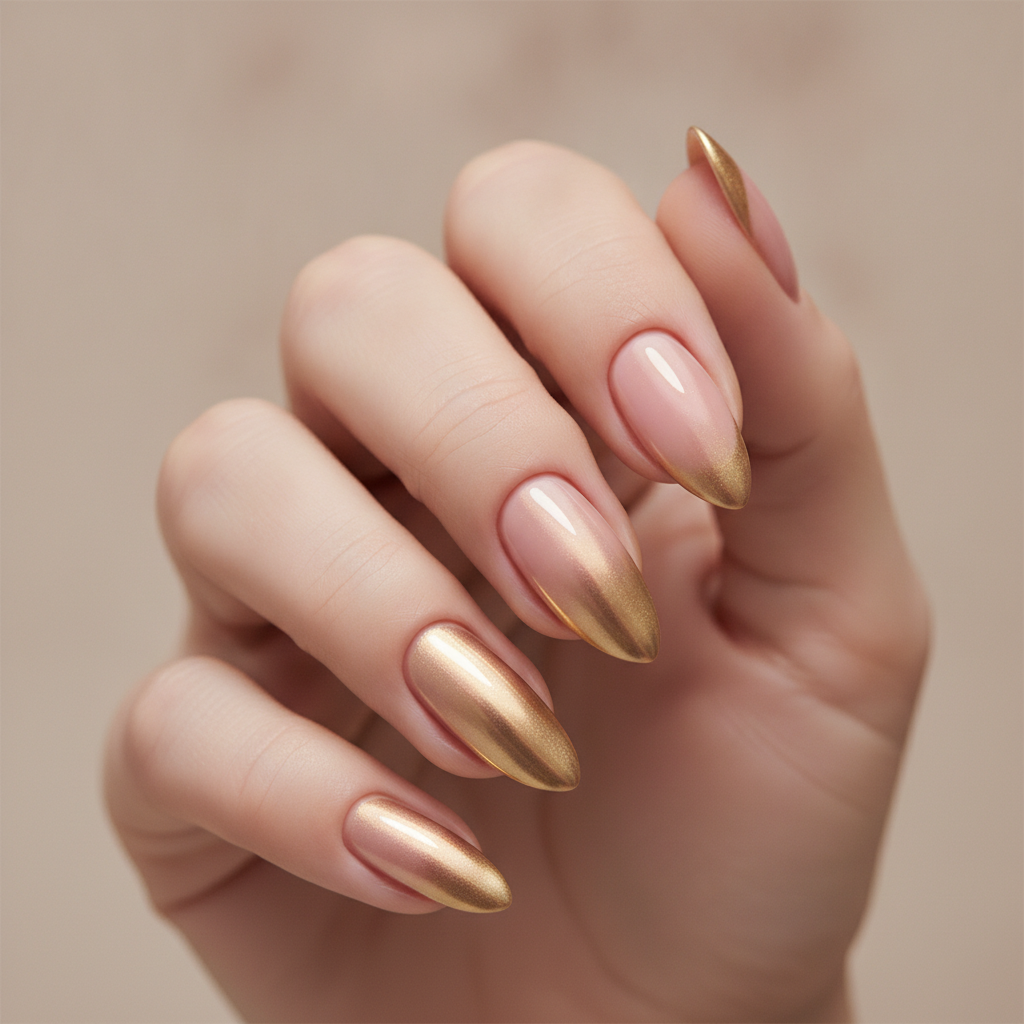 Nude nails with gold chrome tips