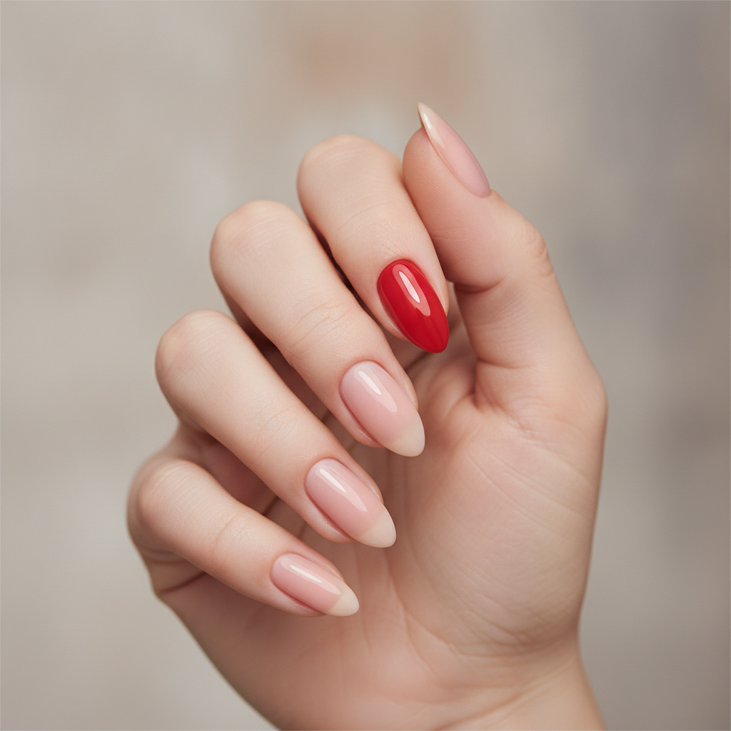 Nude manicure with one red accent