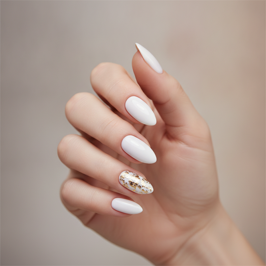 Glossy white with gold foil accents