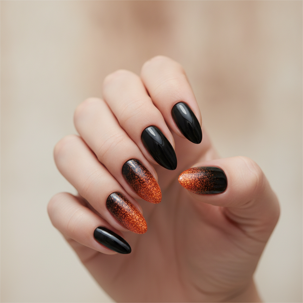 Black with orange glitter tips
