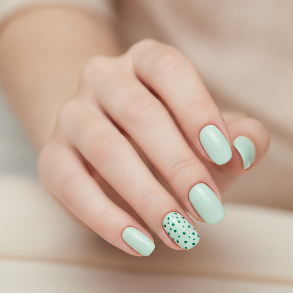 Mint manicure with tiny clover-like dots