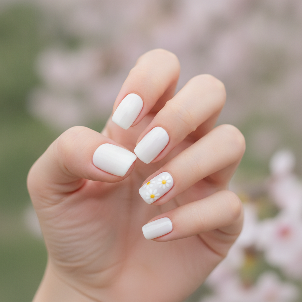 Soft white with daisy field accents