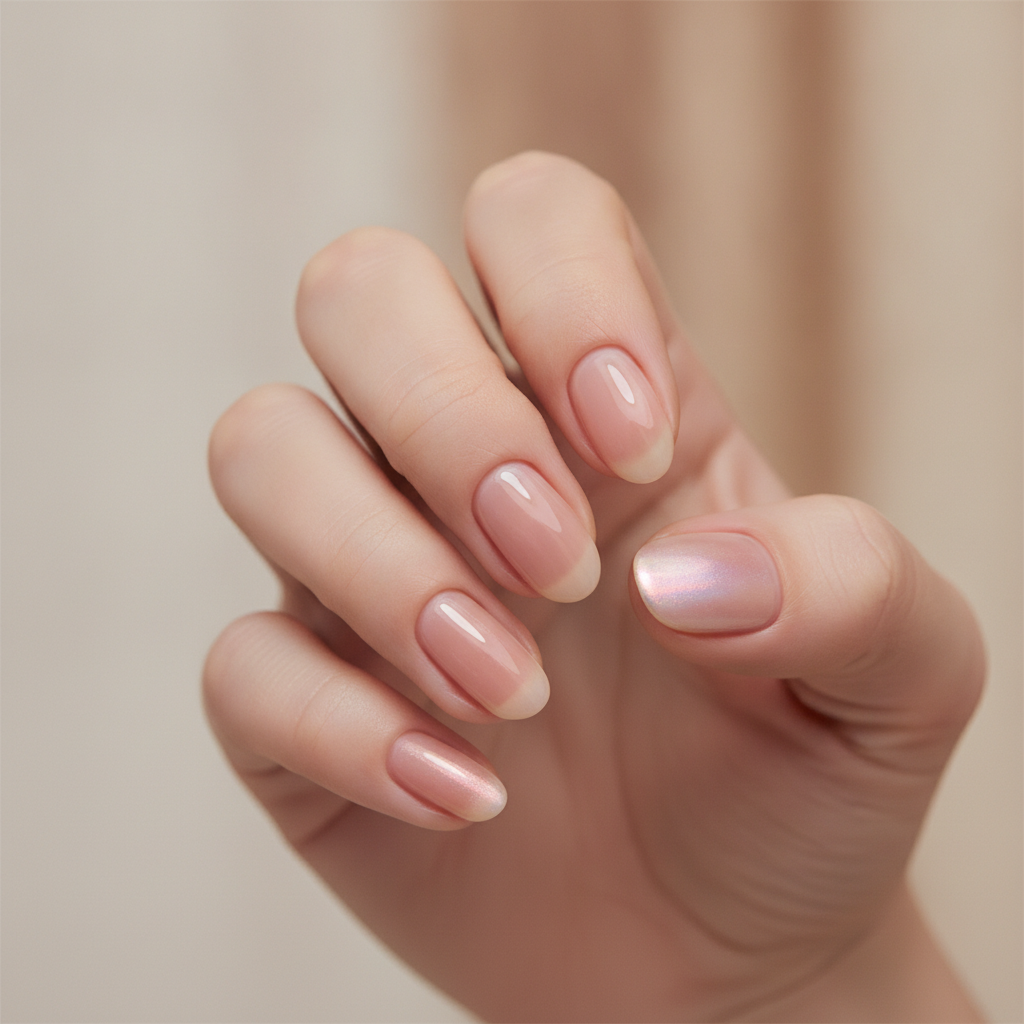 Sheer nude with soft chrome accent
