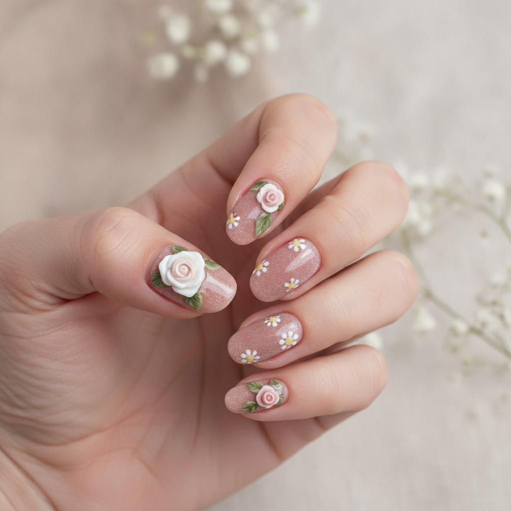 Matte nude with glossy floral accents