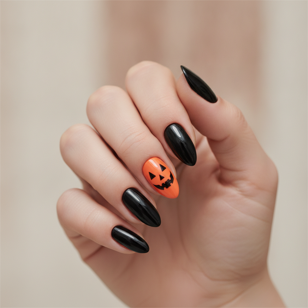 Black nails with jack-o’-lantern accent