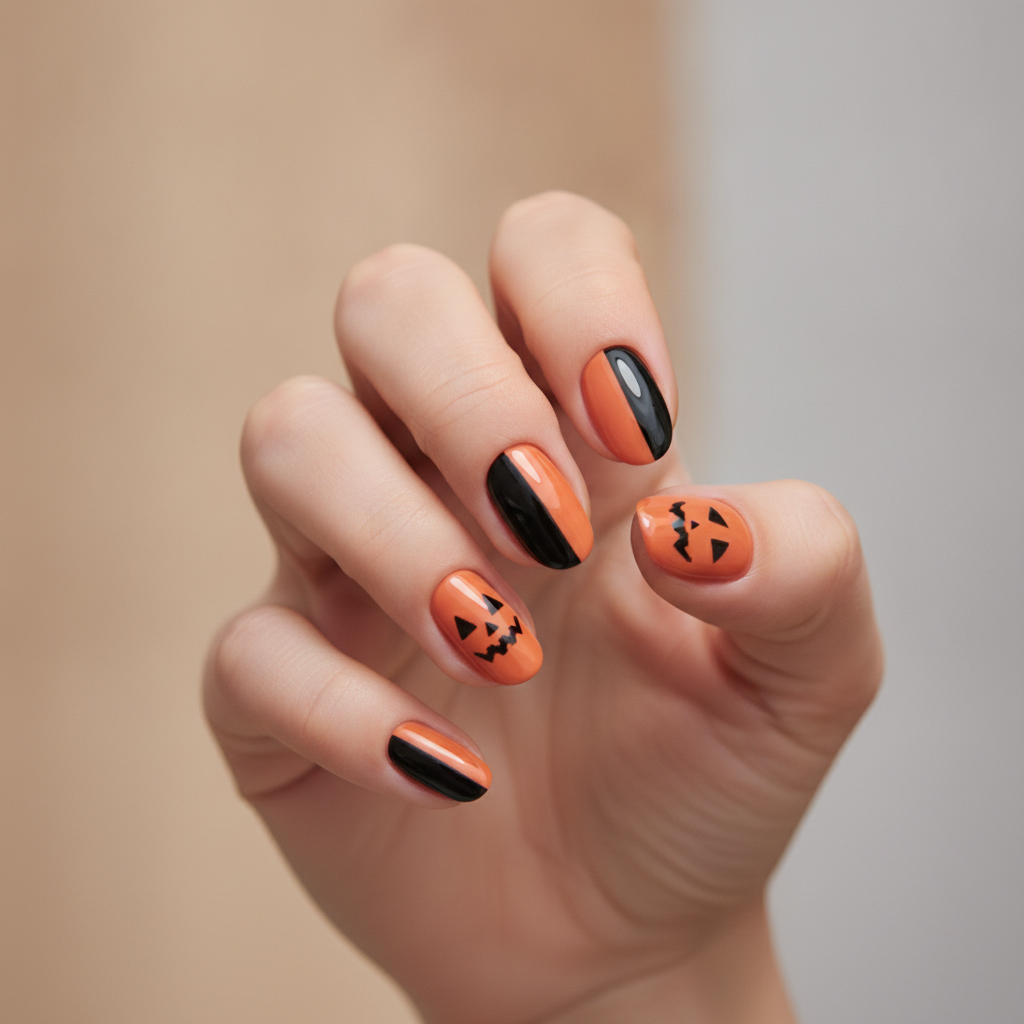 Black-and-orange split with pumpkin accent